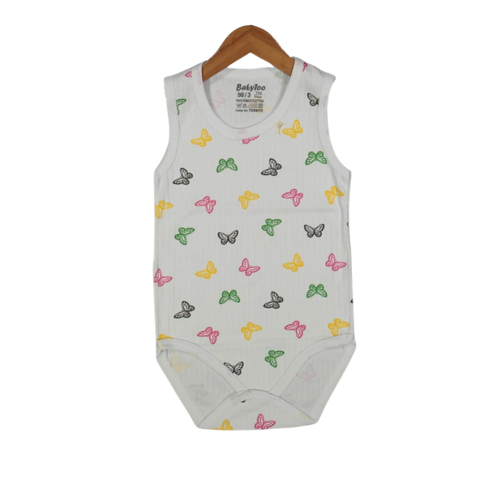 Kelebek Figürlü Beyaz Desenli %100 Pamuk Kolsuz Erkek Bebek Body