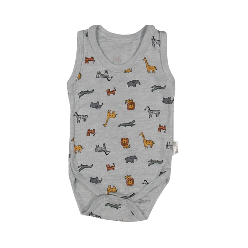 Hayvan Figürlü Gri Desenli %100 Pamuk Askılı Unisex Bebek Body