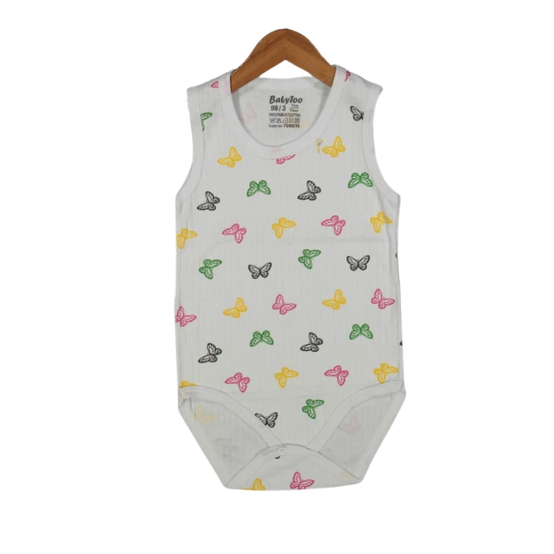 Kelebek Figürlü Beyaz Desenli %100 Pamuk Kolsuz Erkek Bebek Body