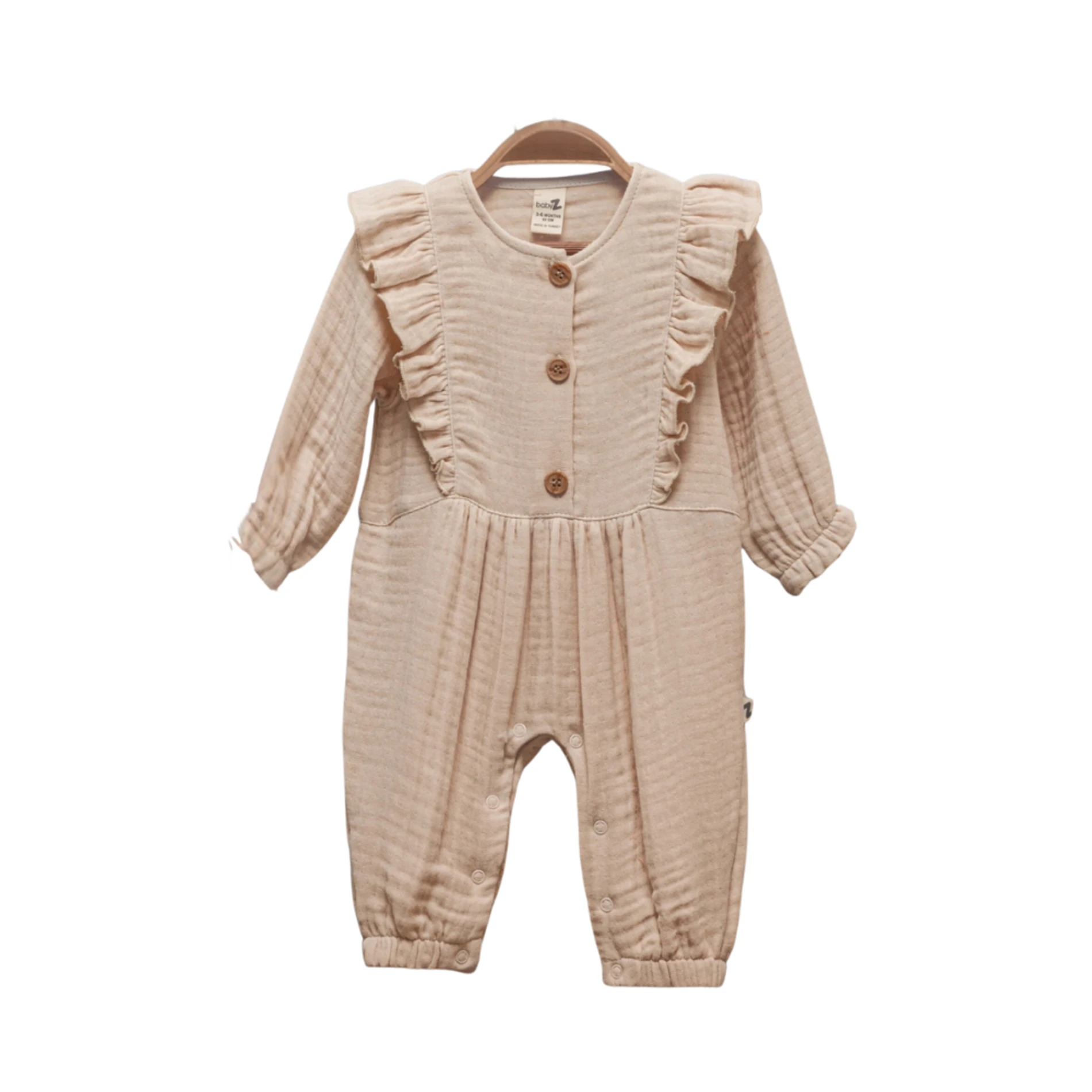 Fırfırlı Düğmeli Bej %100 Pamuk Müslin Kız Bebek Tulum