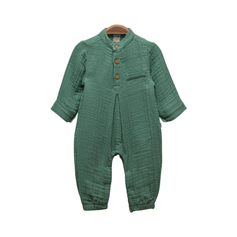 Düğmeli Haki %100 Pamuk Müslin Unisex Bebek Tulum