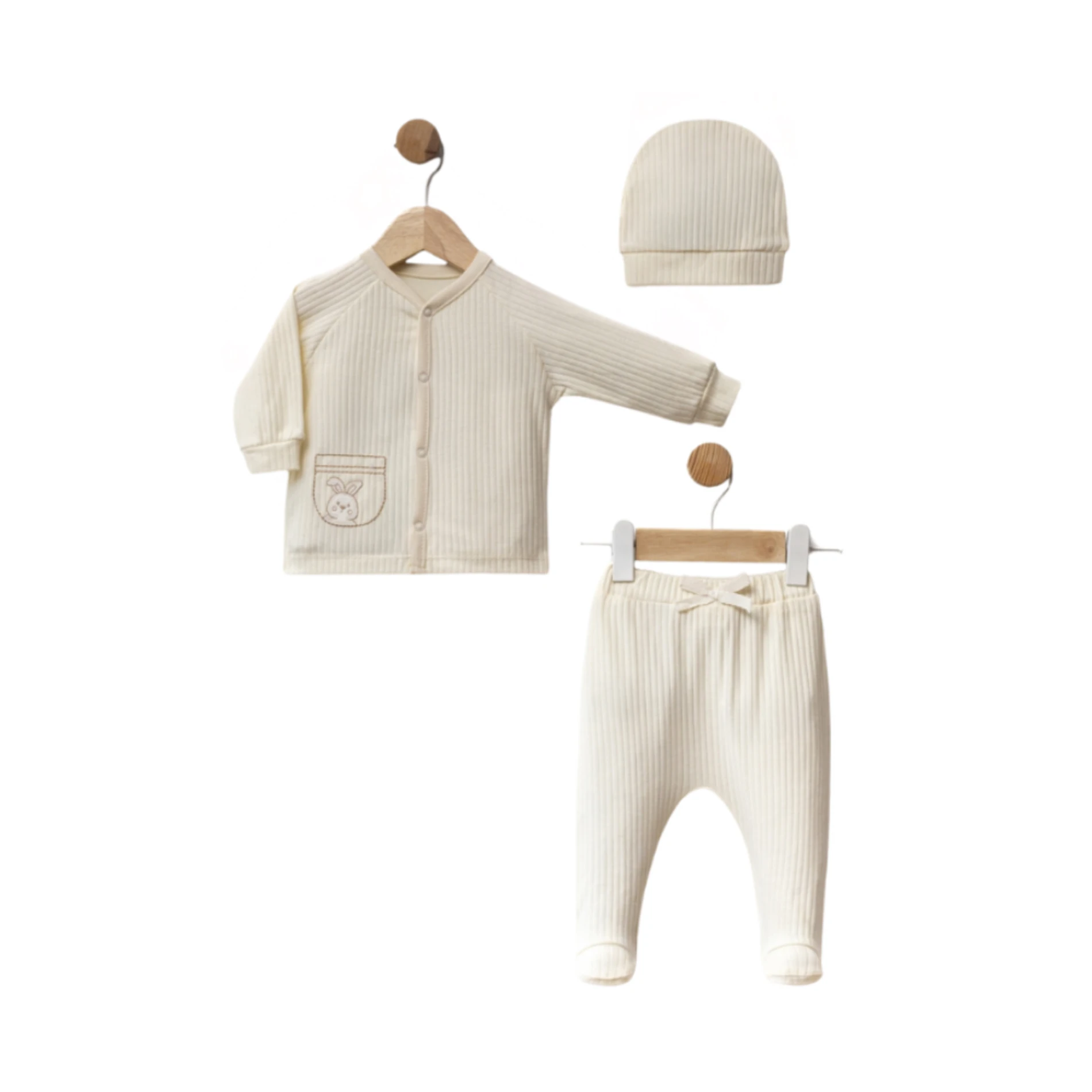 Fitilli %100 Pamuk 3 Parça Bebek Takım (Hırka + Alt + Bere)