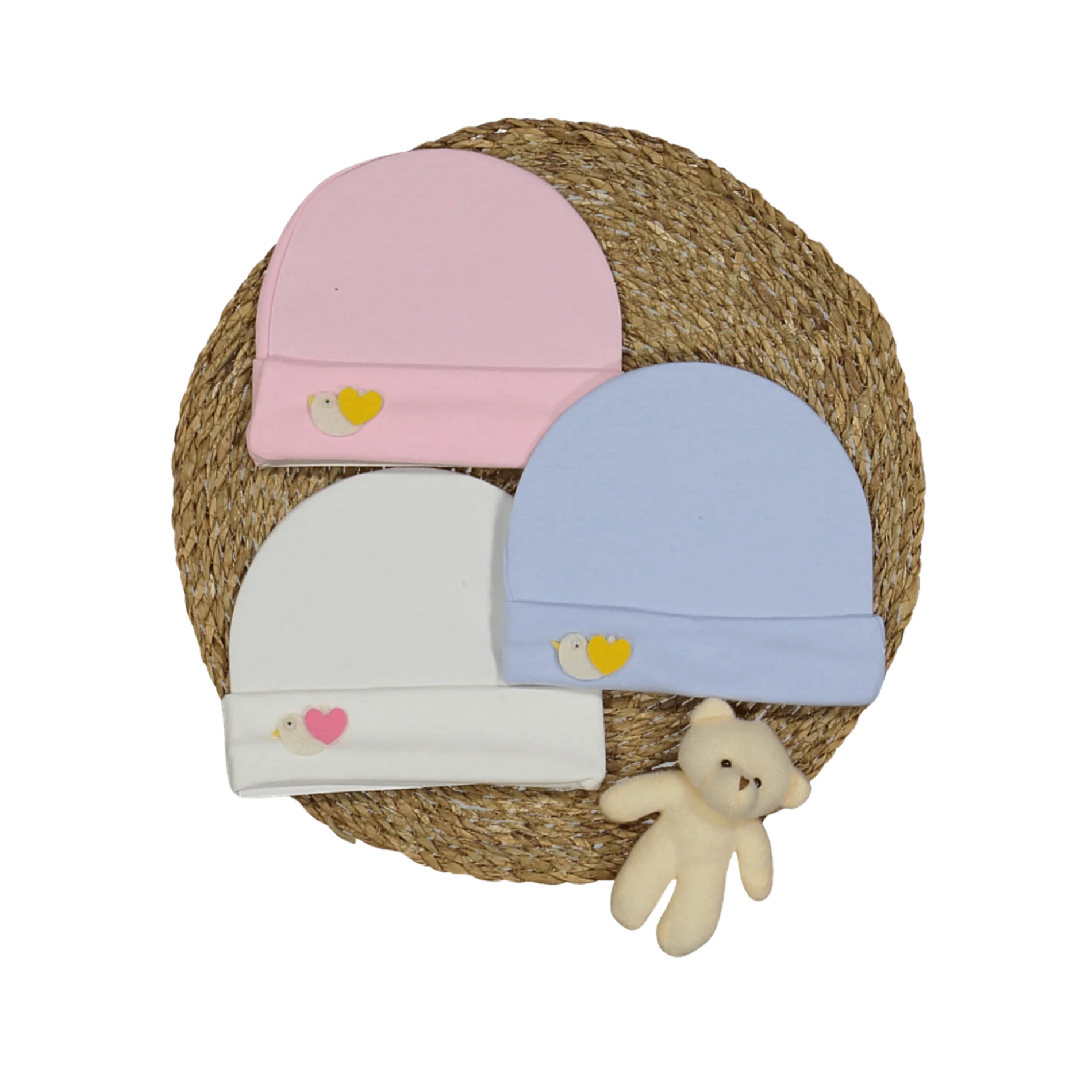 %100 Pamuk İnterlok Unisex Bebek Kuş Figürlü Bere (1–6 Ay)