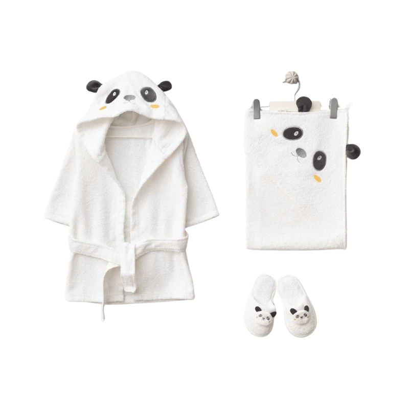 Panda Figürlü %100 Pamuk Unisex Bebek Bornoz Seti (0–24 Ay - Kutulu)