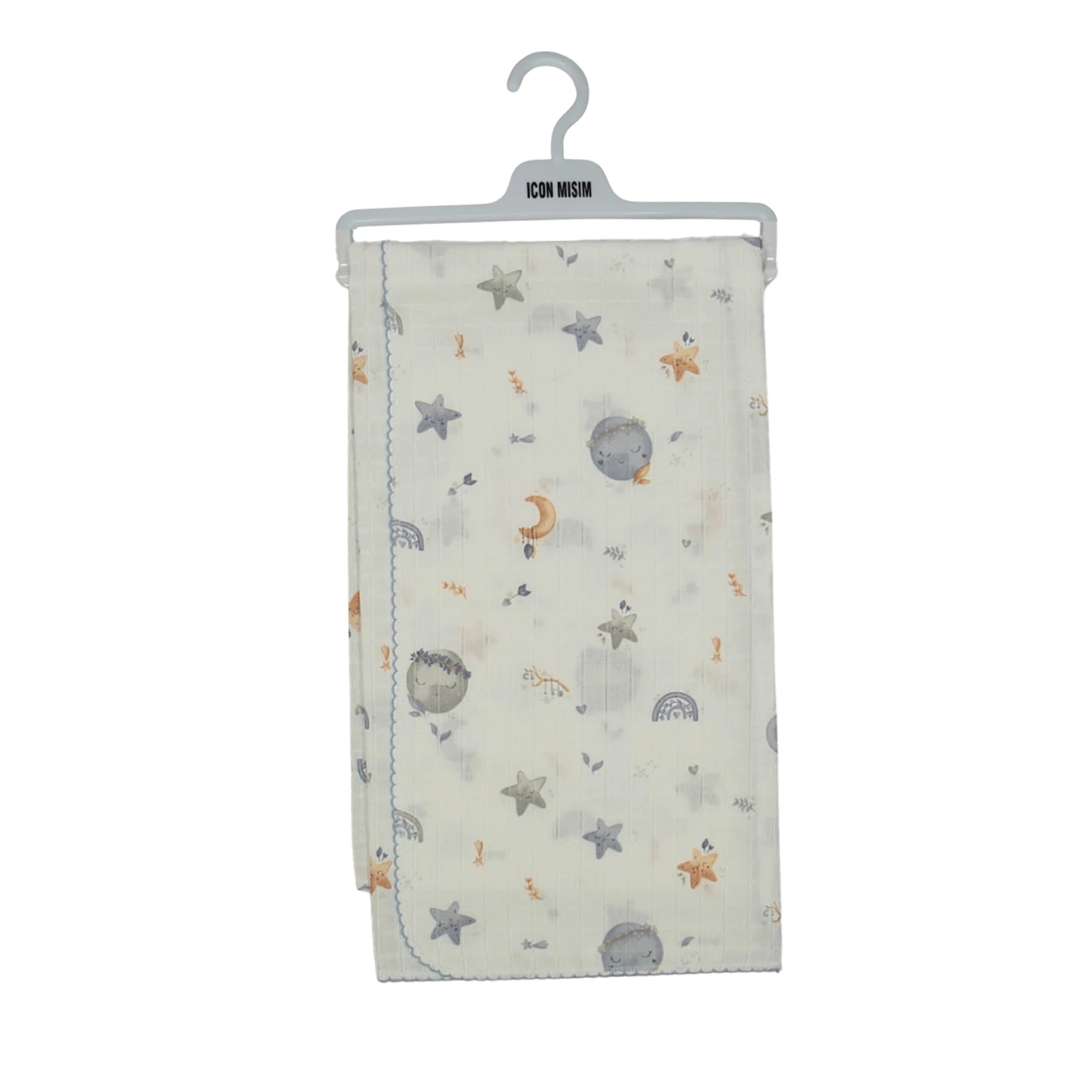 Uzay & Yıldız Desenli Açık Gri %100 Pamuk Müslin Bebek Battaniyesi 80x90