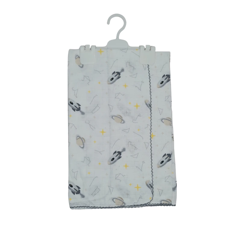 Uzay Figürlü Mavi Tonlu %100 Pamuk Müslin Bebek Battaniyesi