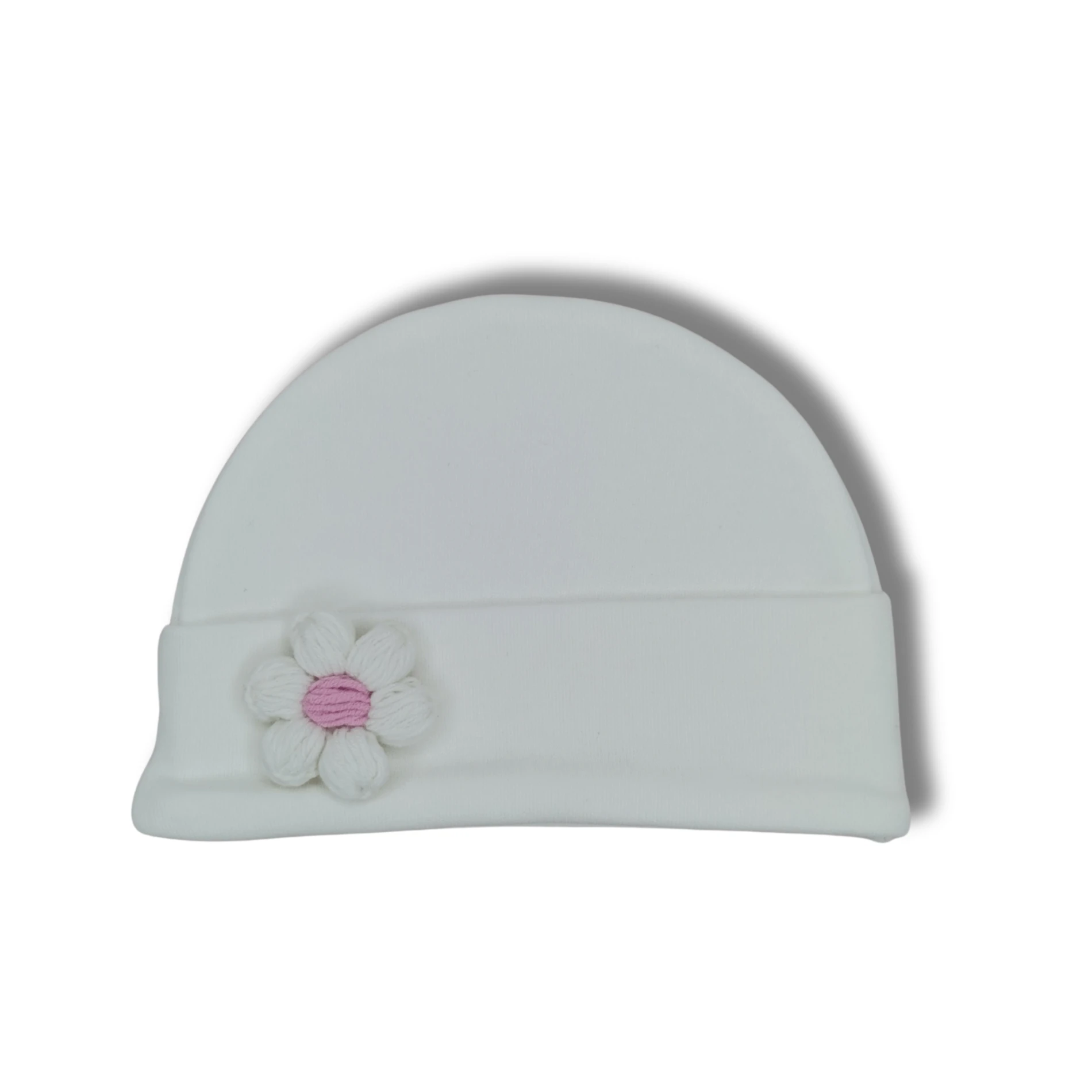 Papatya Detaylı %100 Pamuk İnterlok Kız Bebek Penye Bere (0–24 Ay)