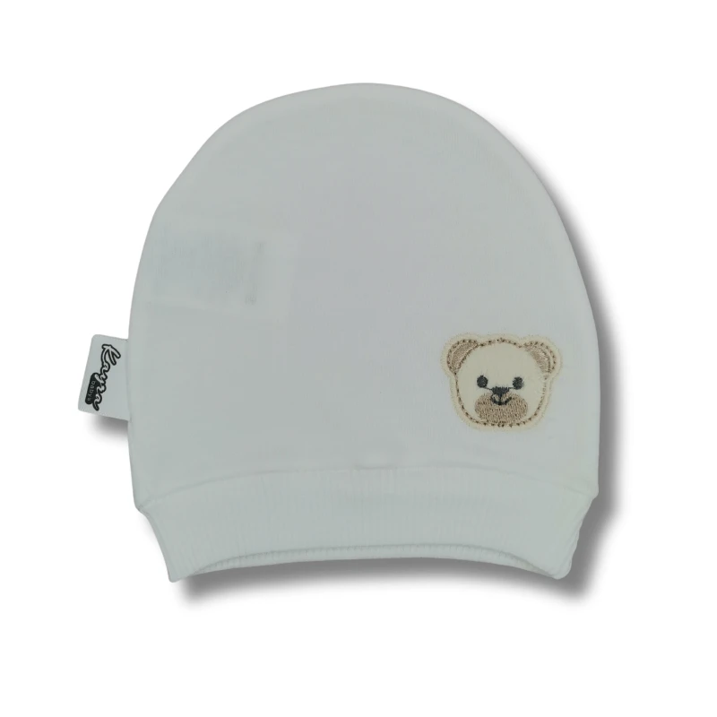 %100 Pamuk İnterlok Unisex Bebek Ayıcık Figürlü Penye Şapka (0–24 Ay)