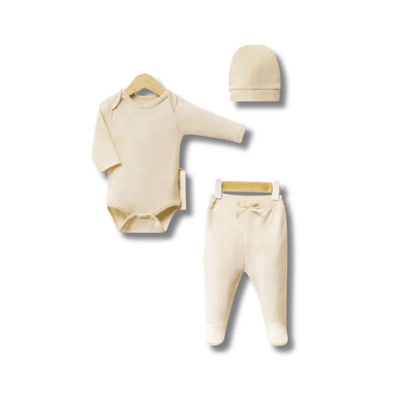 %100 Pamuk Penye Şapkalı Unisex Yenidoğan Bebek 3’lü Takım