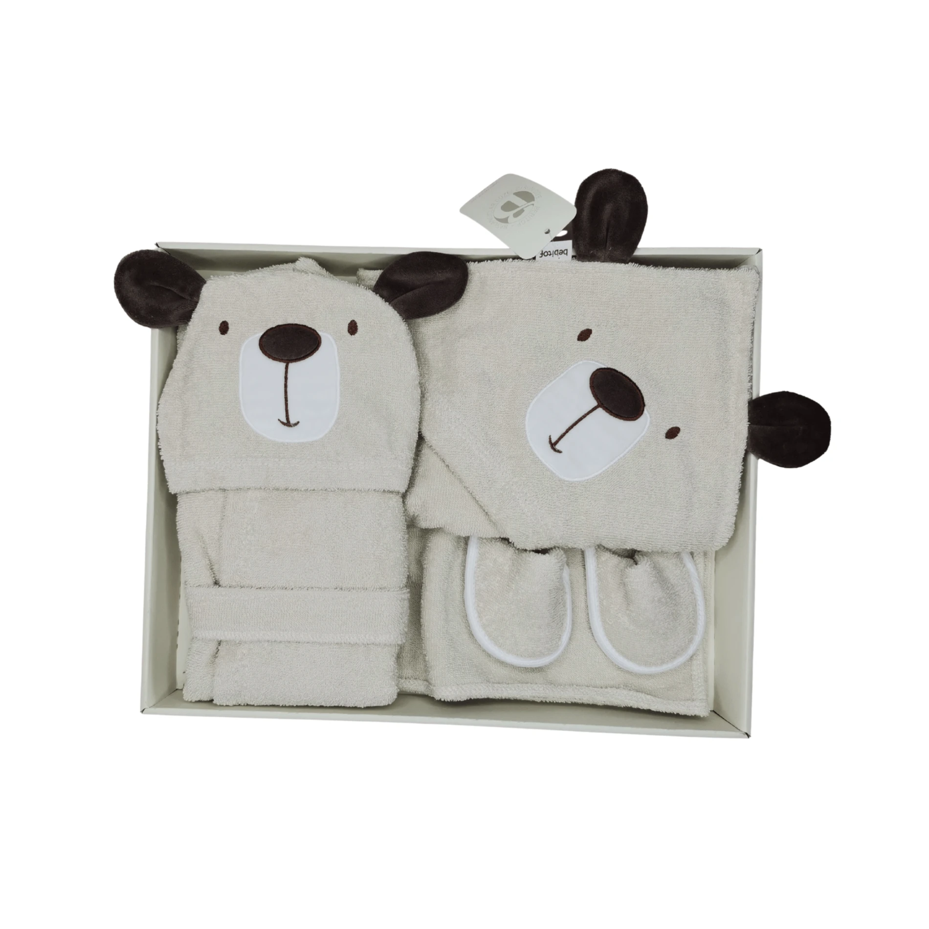 Ayıcık Desenli %100 Pamuk Unisex Bebek Bornoz Seti (0–24 Ay - Kutulu)