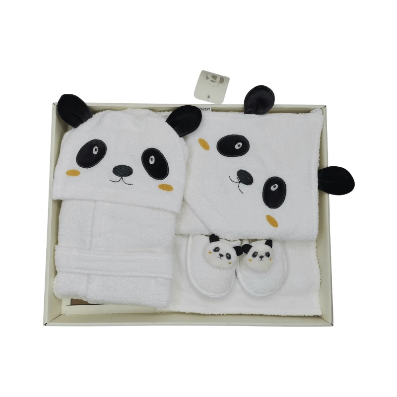 Panda Figürlü %100 Pamuk Unisex Bebek Bornoz Seti (0–24 Ay - Kutulu)
