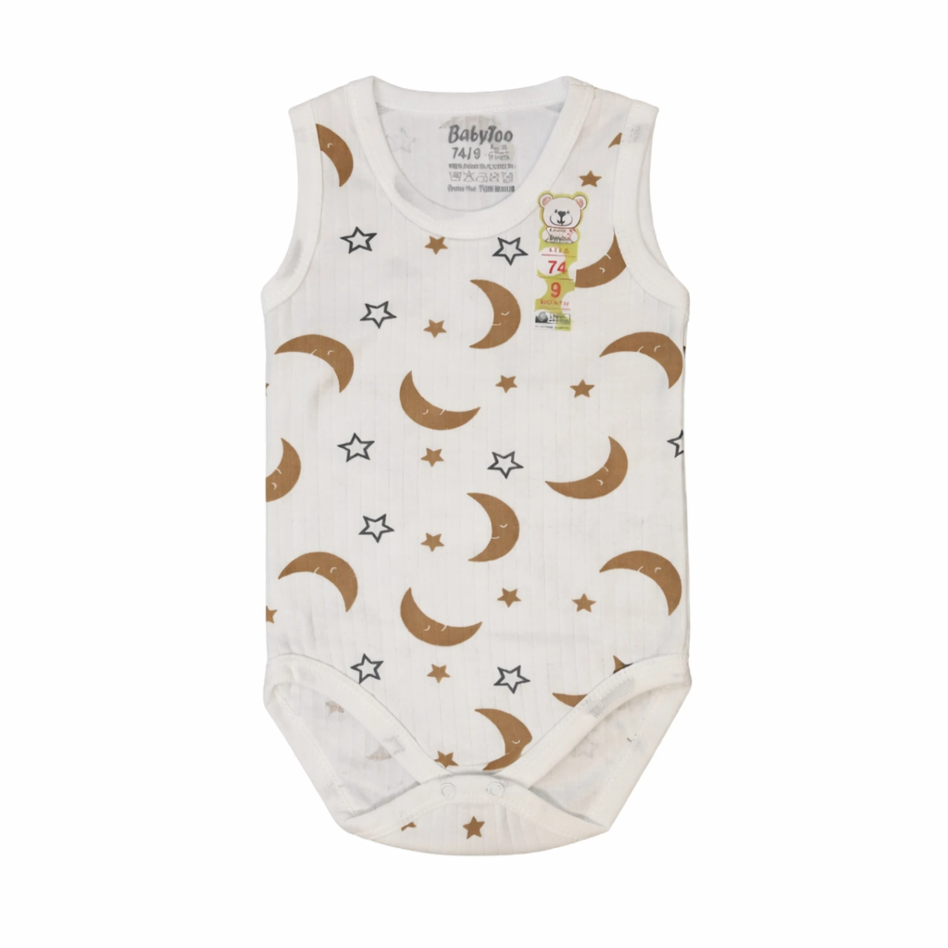 Ay & Yıldız Figürlü Beyaz Desenli %100 Pamuk Kolsuz Unisex Bebek Body