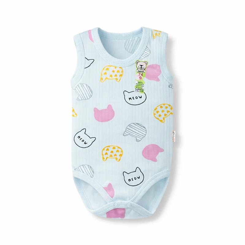 Kedi Baskılı %100 Pamuk İnterlok Kız Bebek Kolsuz Badi