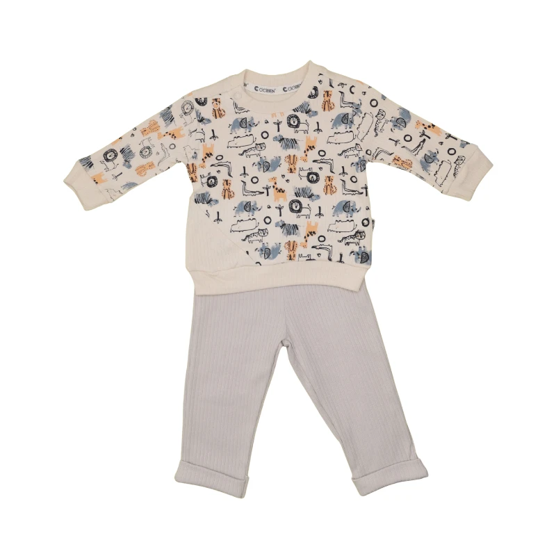 Hayvan Figürlü Bej Desenli %100 Pamuk Erkek Bebek 2'li Takım