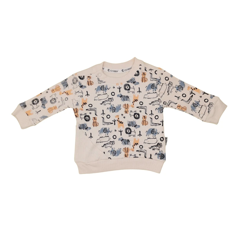 Hayvan Figürlü Bej Desenli %100 Pamuk Erkek Bebek 2'li Takım