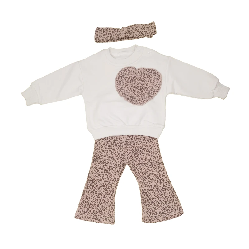 Leopar Baskılı Kalp Detaylı %100 Pamuk Kız Bebek 3’lü Takım