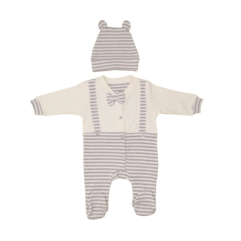Slopet Görünümlü Papyonlu Çizgili Erkek Bebek Tulum Takım