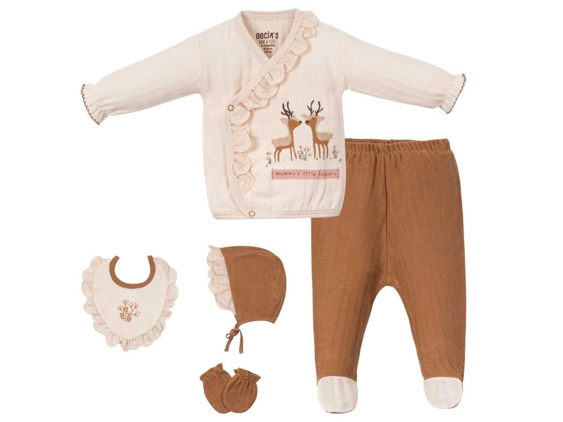 Geyik Desenli %100 Pamuk Kız Bebek Hastane Çıkışı 5’li Set