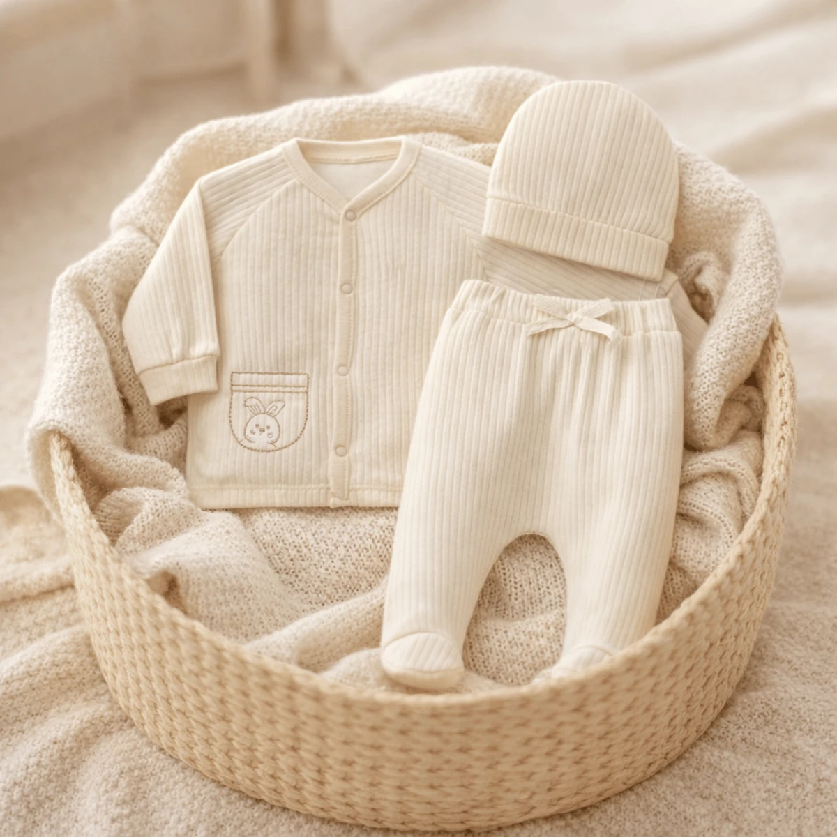 Ekru Fitilli Pamuk 3 Parça Unisex Bebek Takımı (Hırka Alt Bere)