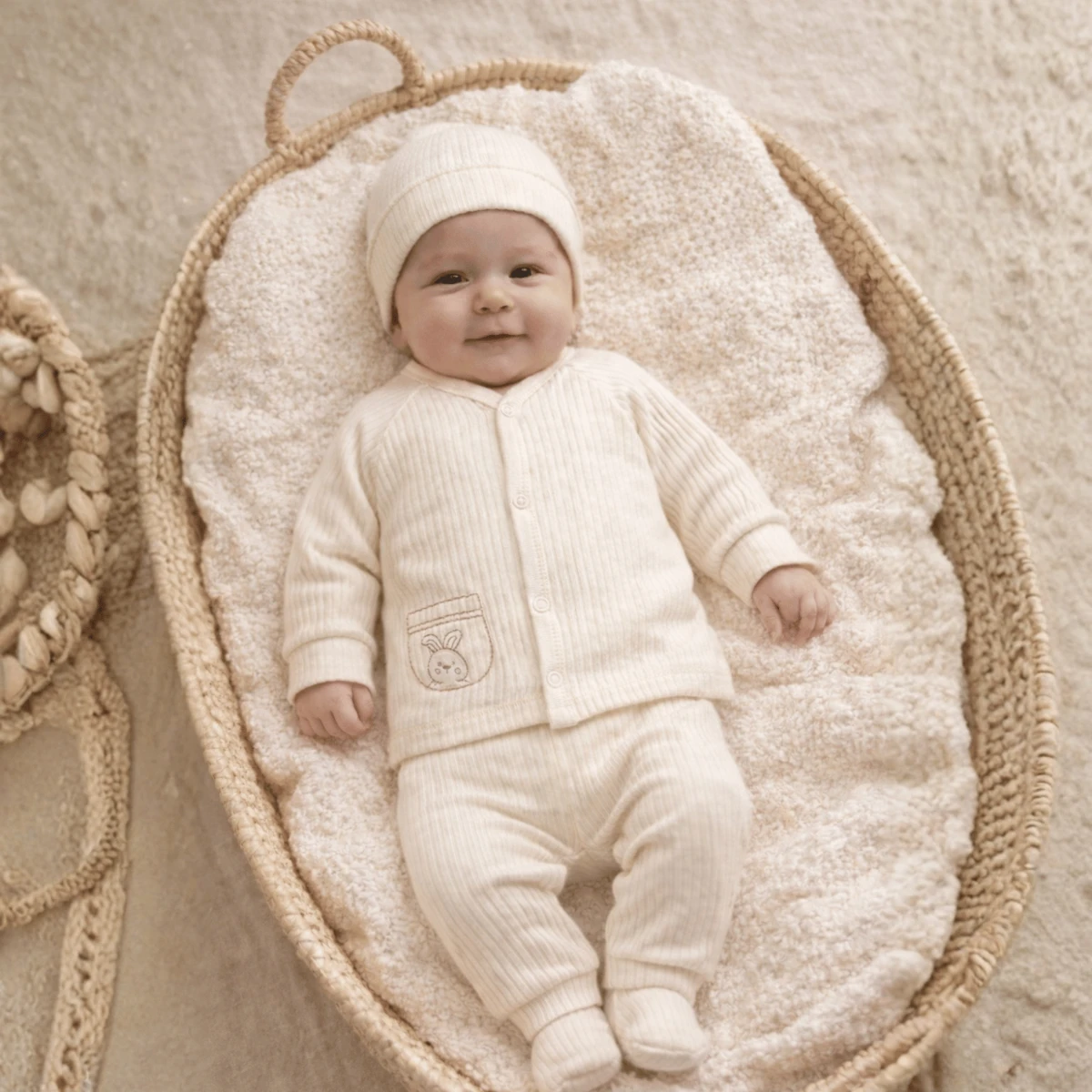 Ekru Fitilli Pamuk 3 Parça Unisex Bebek Takımı (Hırka Alt Bere)