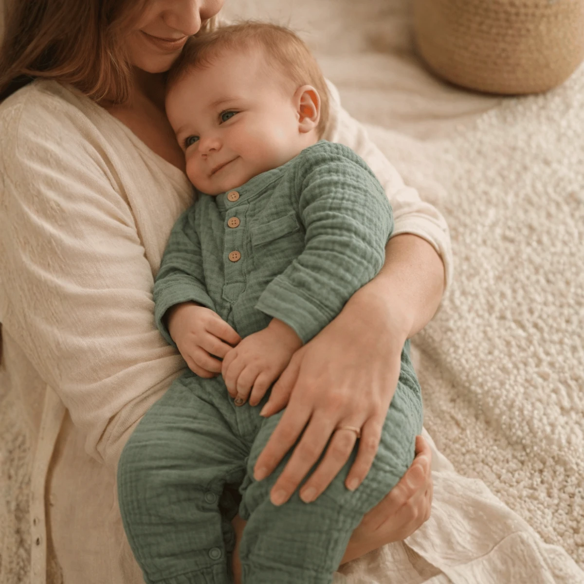 Yumuşacık Müslin Haki Bebek Tulum – Nefes Alan %100 Pamuk Unisex