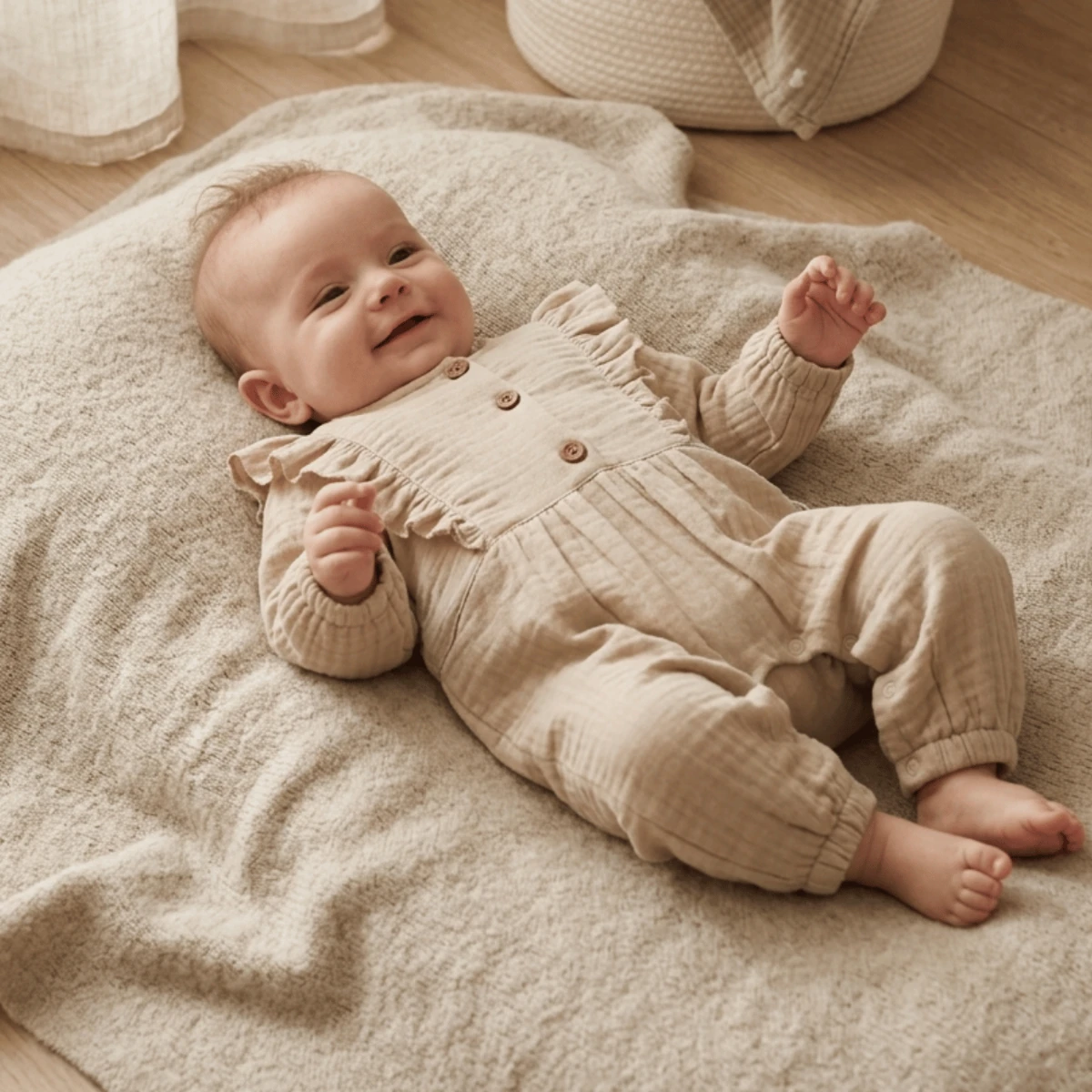 Fırfırlı Bej %100 Pamuk Müslin Kız Bebek Tulum (Yumuşak & Nefes Alan)