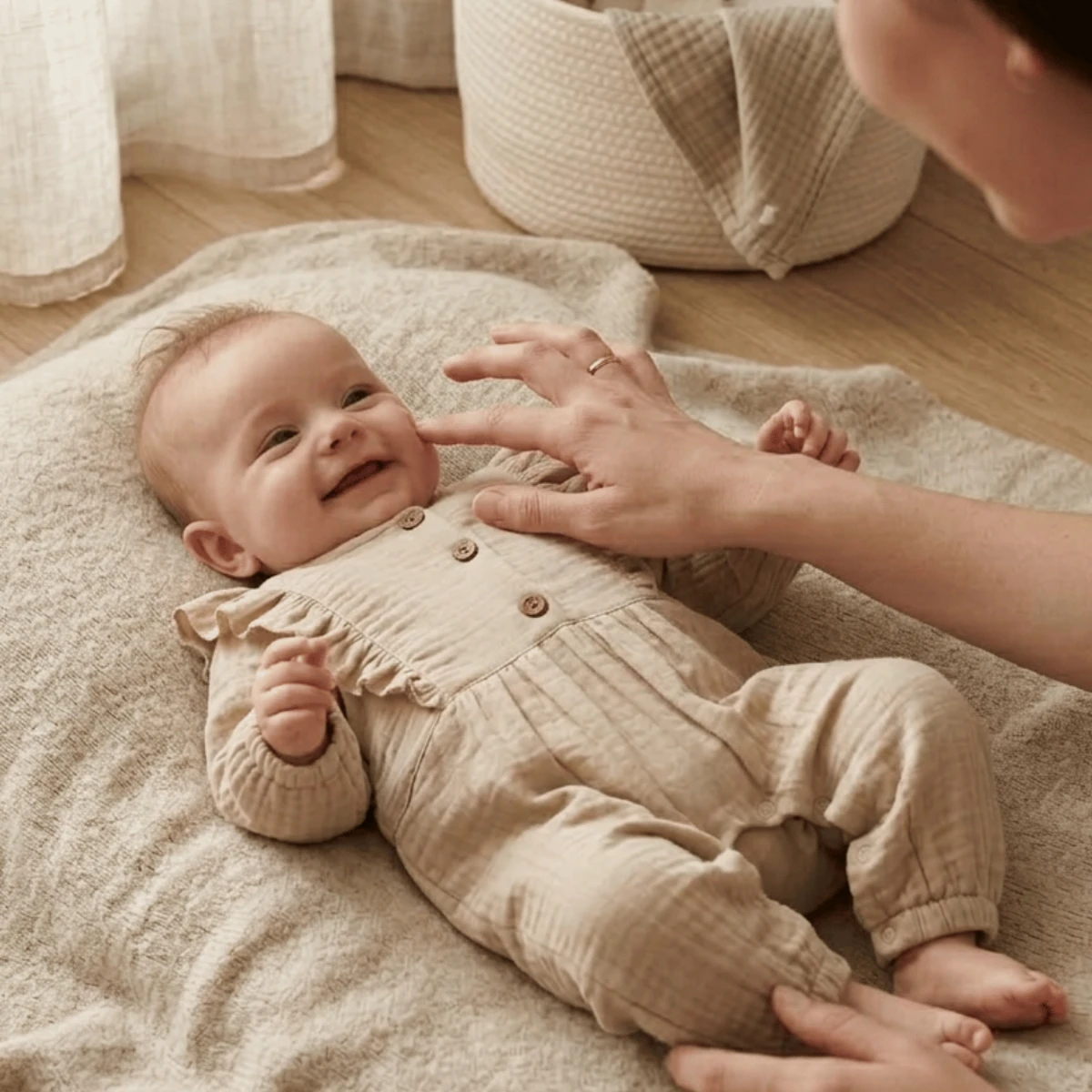Fırfırlı Bej %100 Pamuk Müslin Kız Bebek Tulum (Yumuşak & Nefes Alan)