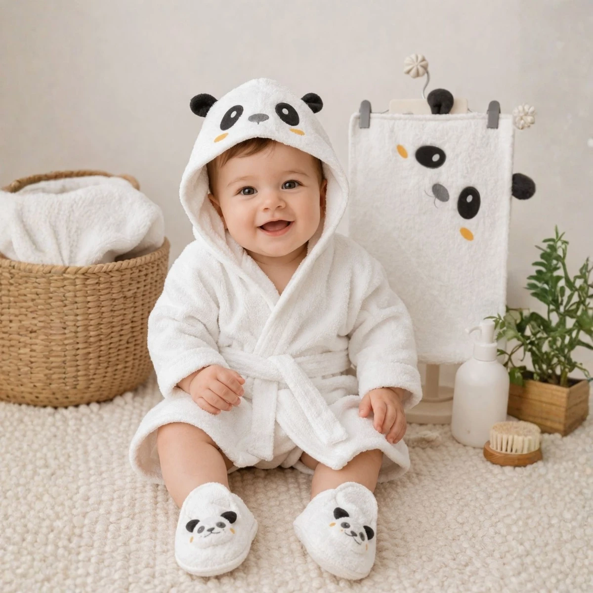 Panda Figürlü %100 Pamuk Unisex Bebek Bornoz Seti (0–24 Ay - Kutulu)
