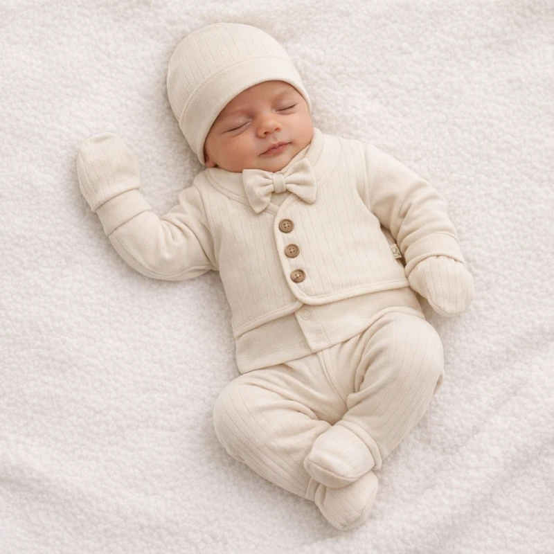 Geniş Raporlu Papyonlu %100 Pamuk Erkek Bebek 5’li Hastane Çıkışı