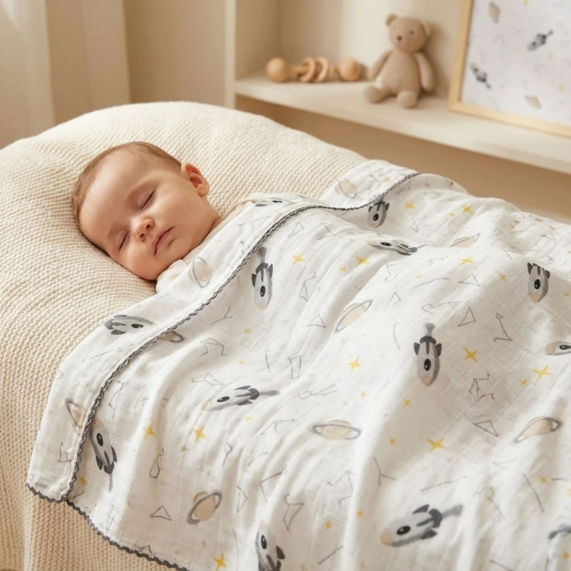 Uzay Figürlü Mavi Tonlu %100 Pamuk Müslin Bebek Battaniyesi