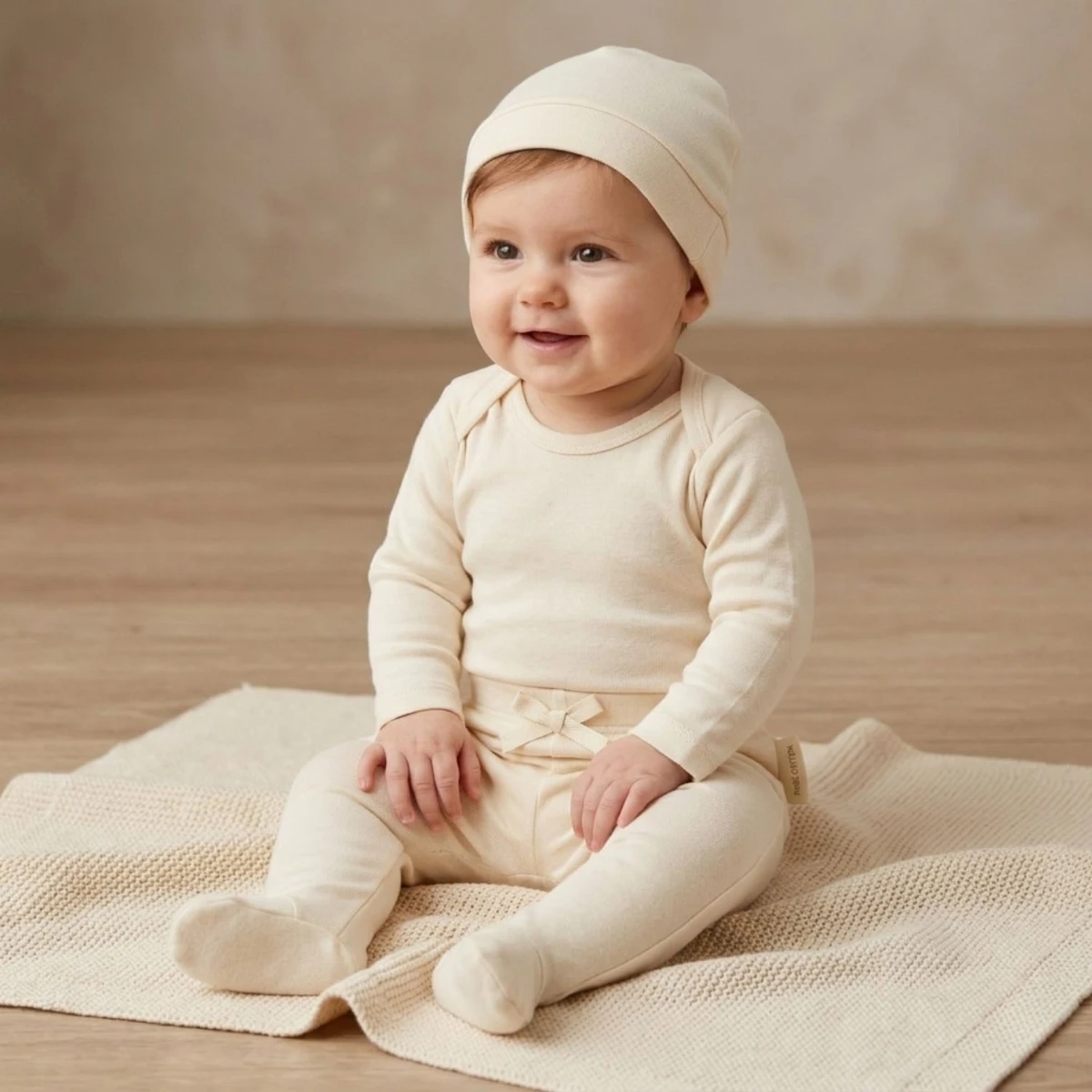 %100 Pamuk Penye Şapkalı Unisex Yenidoğan Bebek 3’lü Takım