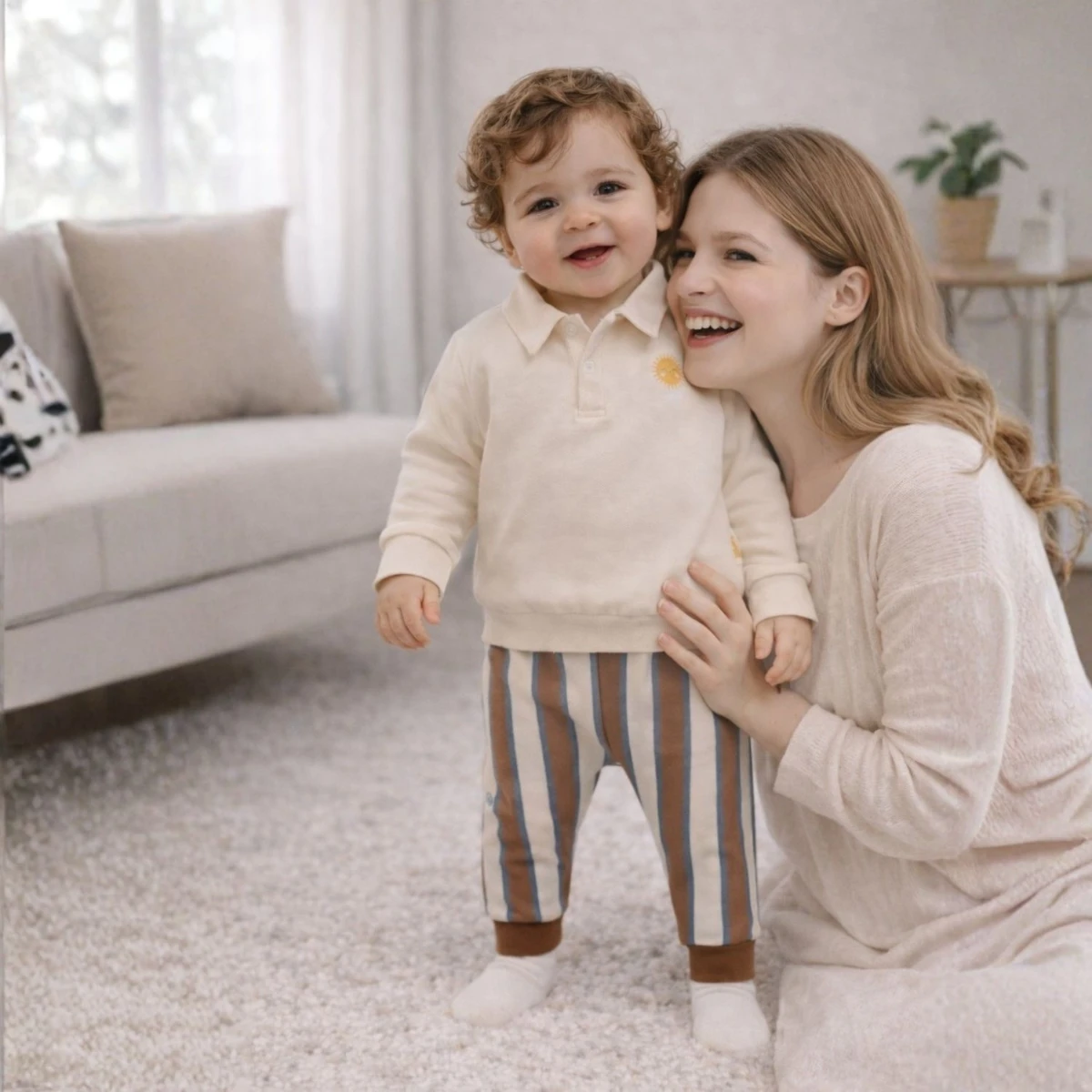 Bej Polo Yaka Üst & Çizgili Alt Erkek Bebek 2’li Takım