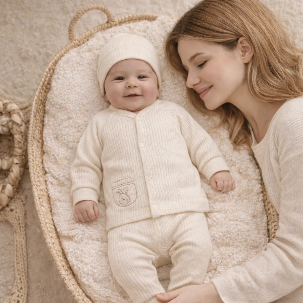 Ekru Fitilli Pamuk 3 Parça Unisex Bebek Takımı (Hırka Alt Bere)