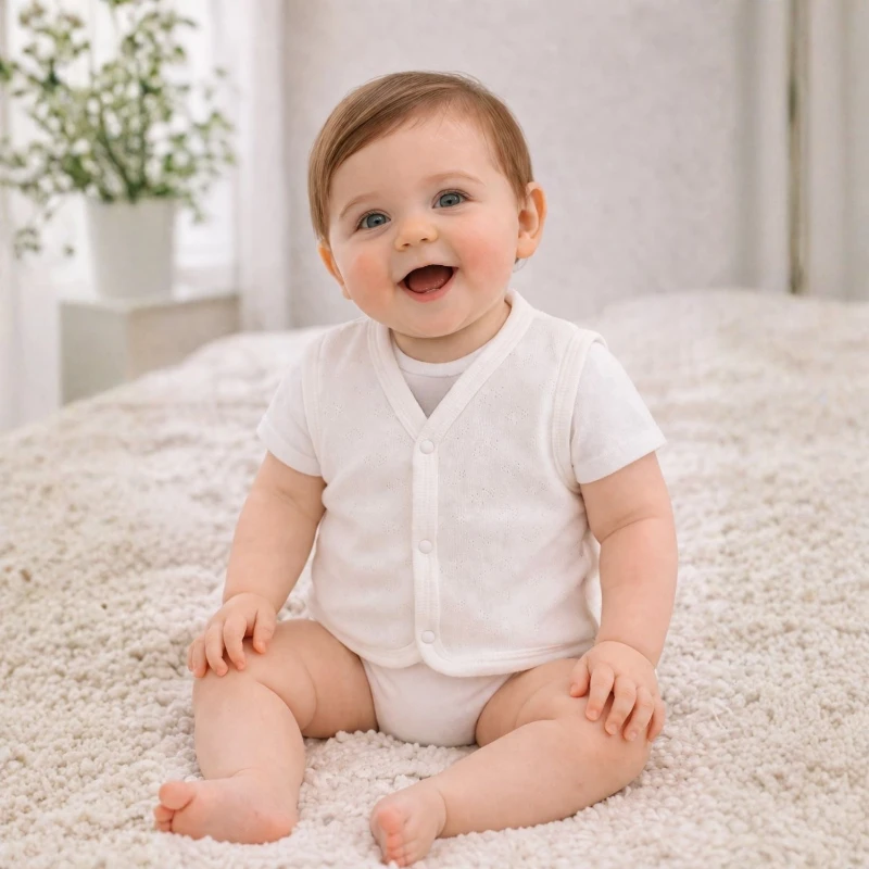 Jakarlı Çift Kat Bej (Ekru Ton) %100 Pamuk Unisex Bebek Yelek