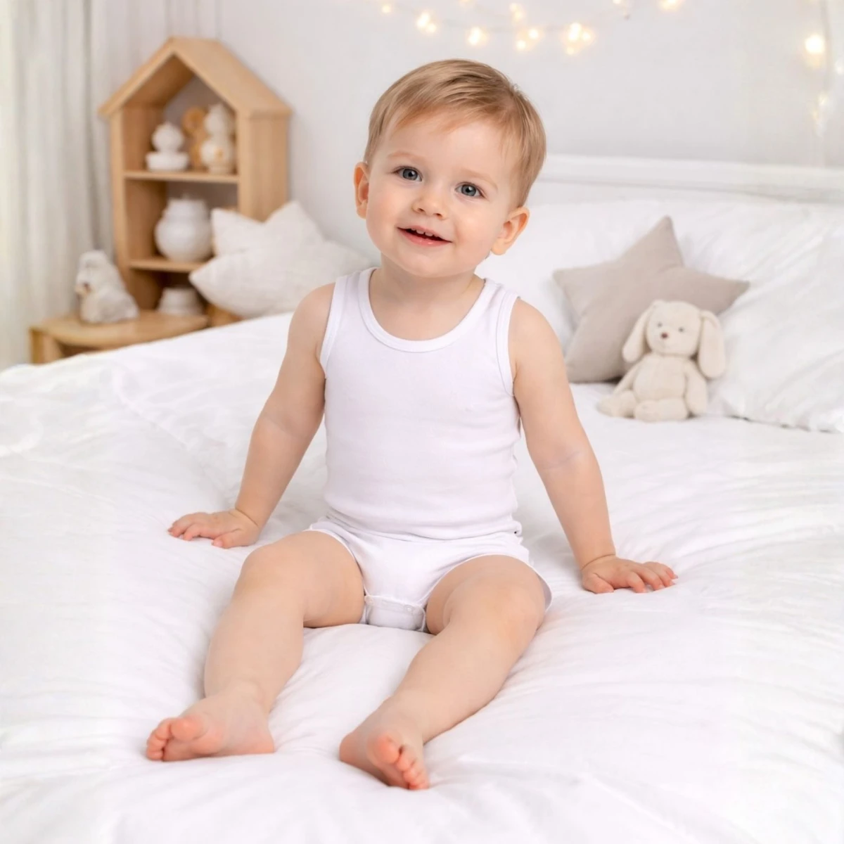 Düz Beyaz %100 Pamuk Kalın Askılı Kolsuz Unisex Bebek Body (Zıbın)