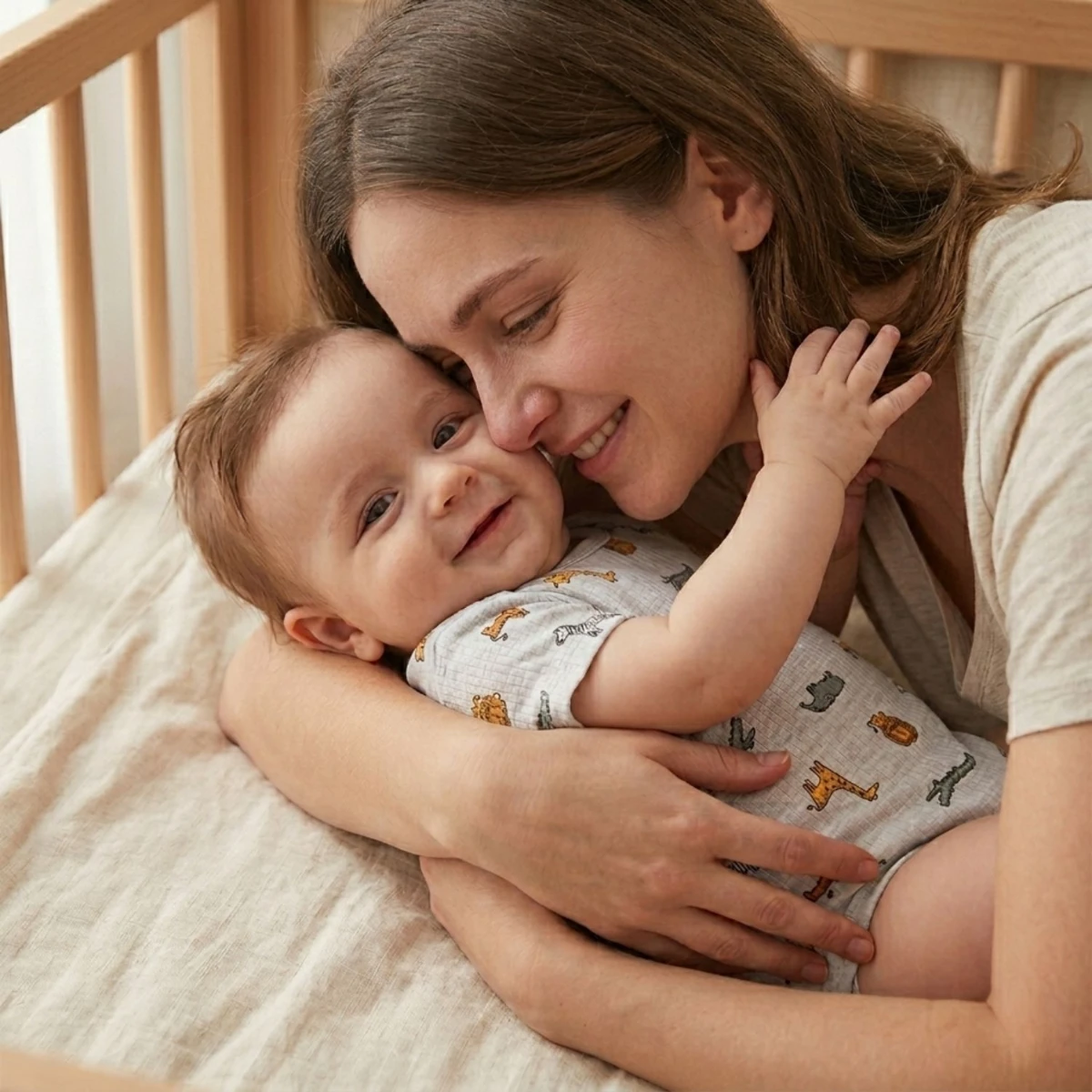 Hayvan Figürlü Gri Desenli %100 Pamuk Yarım Kol Unisex Bebek Body