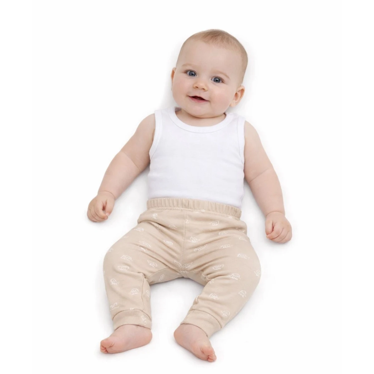 Kaplumbağa Figürlü Bej Desenli %100 Pamuk Manşetli Erkek Bebek Tek Alt