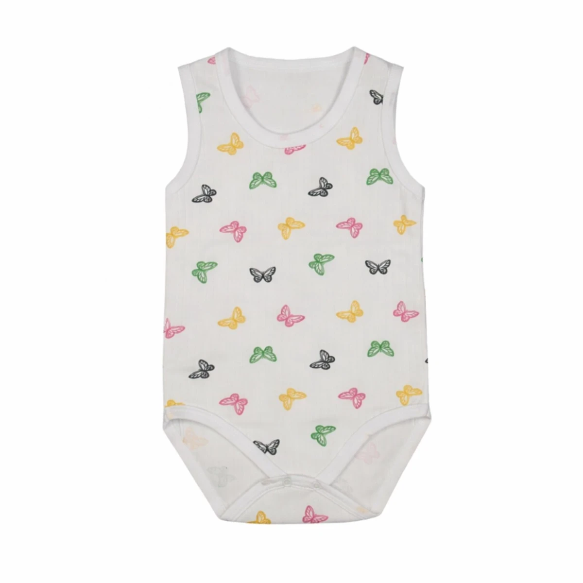 Kelebek Figürlü Beyaz Desenli %100 Pamuk Kolsuz Erkek Bebek Body