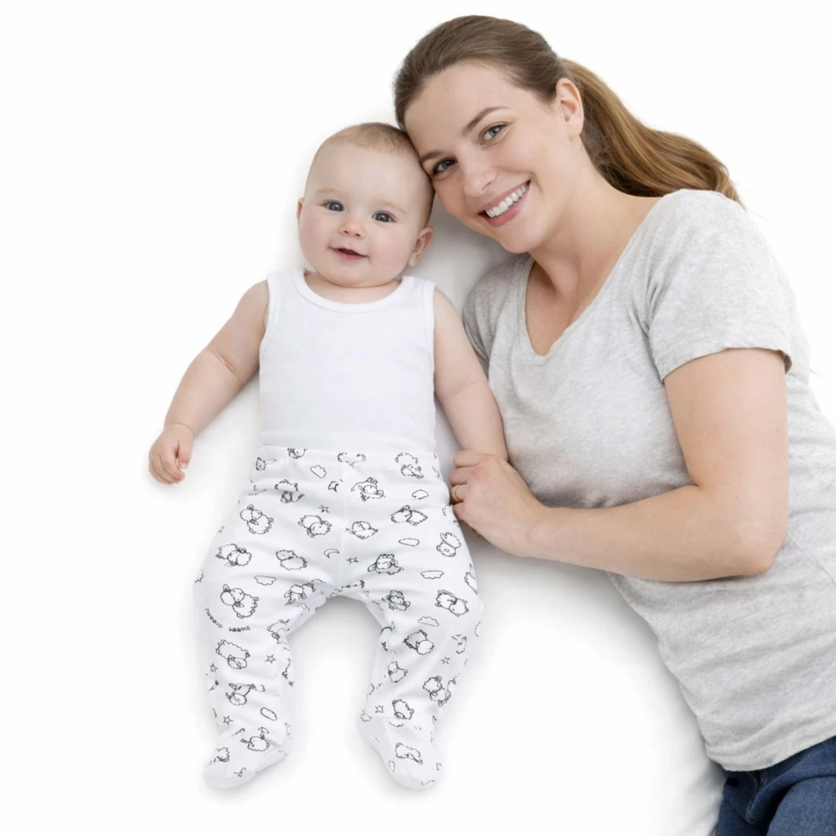 Kuzu Figürlü Krem Desenli %100 Pamuk Patikli Bebek Tek Alt