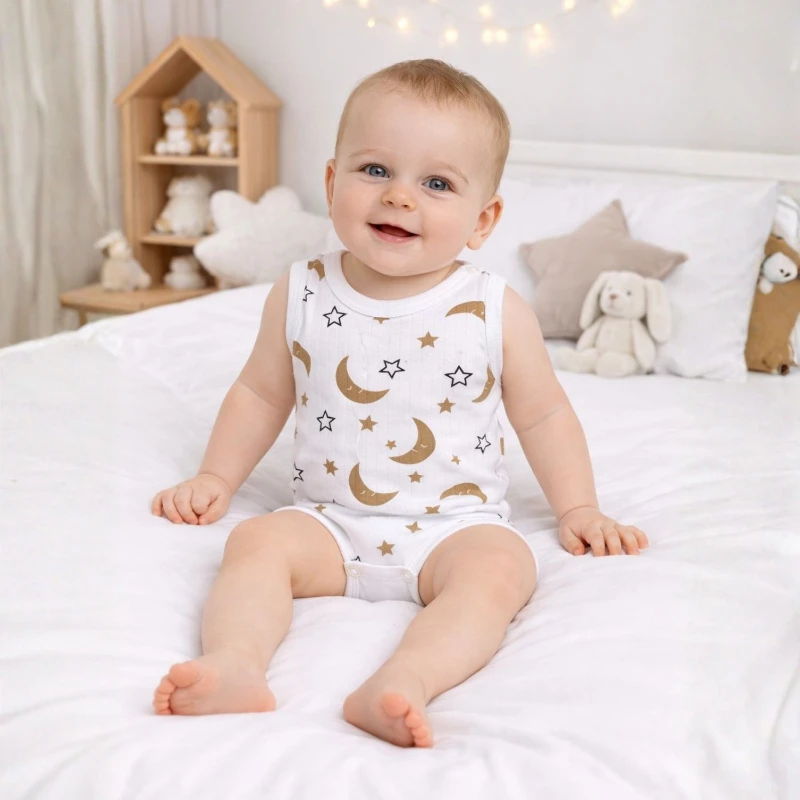 Ay & Yıldız Figürlü Beyaz Desenli %100 Pamuk Kolsuz Unisex Bebek Body