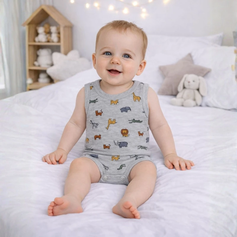 Hayvan Figürlü Gri Desenli %100 Pamuk Askılı Unisex Bebek Body