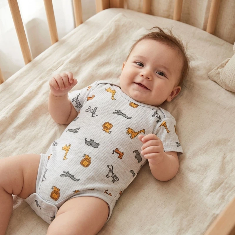 Hayvan Figürlü Gri Desenli %100 Pamuk Yarım Kol Unisex Bebek Body