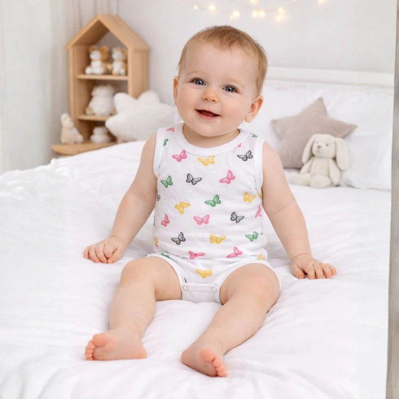 Kelebek Figürlü Beyaz Desenli %100 Pamuk Kolsuz Erkek Bebek Body