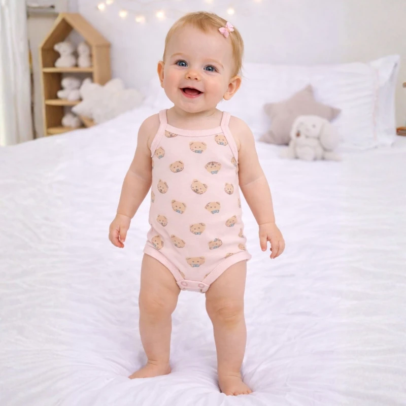 Sevimli Ayı Figürlü Pembe Desenli %100 Pamuk Askılı Kız Bebek Body