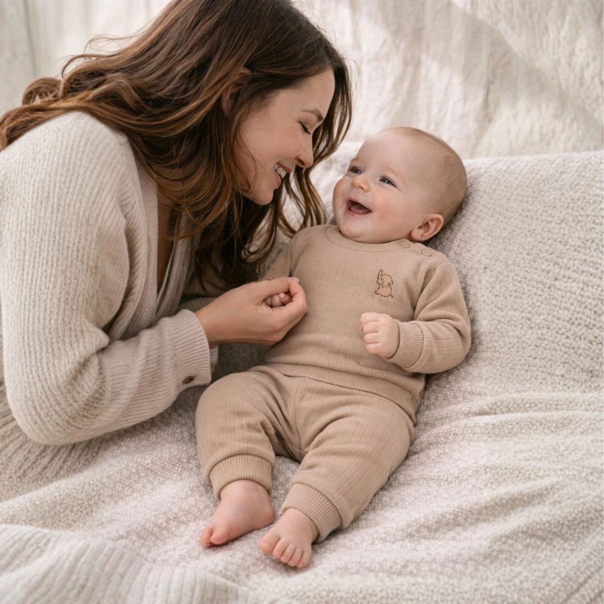 Fil Nakışlı Geniş Fit %100 Pamuk 2’li Unisex Bebek Takım A.Kahve