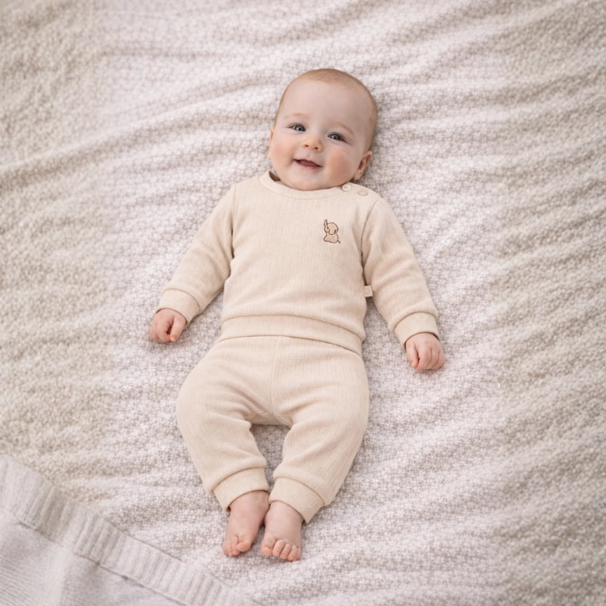 Fil Nakışlı Geniş Fit %100 Pamuk 2’li Unisex Bebek Takım BEJ