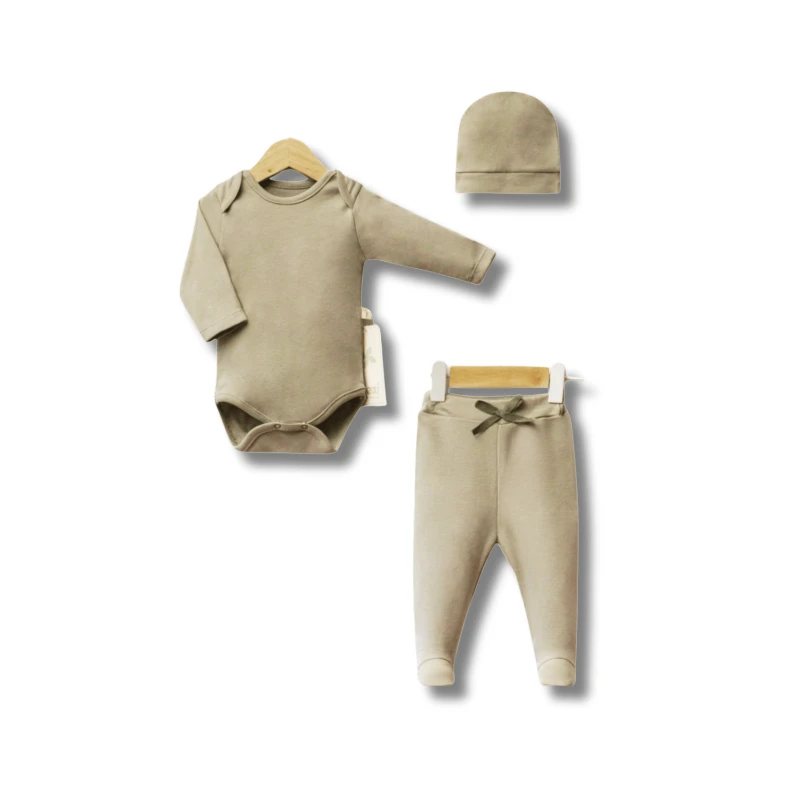 %100 Pamuk Penye Şapkalı Unisex Yenidoğan Bebek 3’lü Takım (Yeşil)
