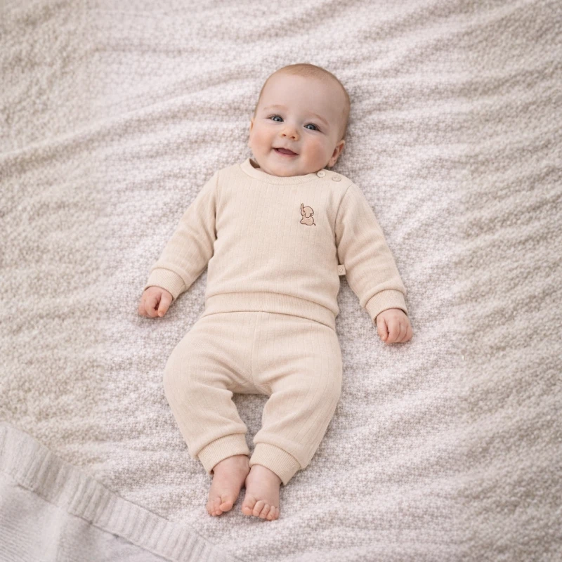 Fil Nakışlı Geniş Fit %100 Pamuk 2’li Unisex Bebek Takım BEJ