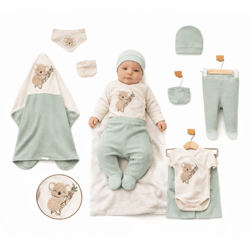 Koala Nakışlı %100 Pamuk Organik Unisex Bebek 7’li Hastane Çıkışı Seti Açık Yeşil