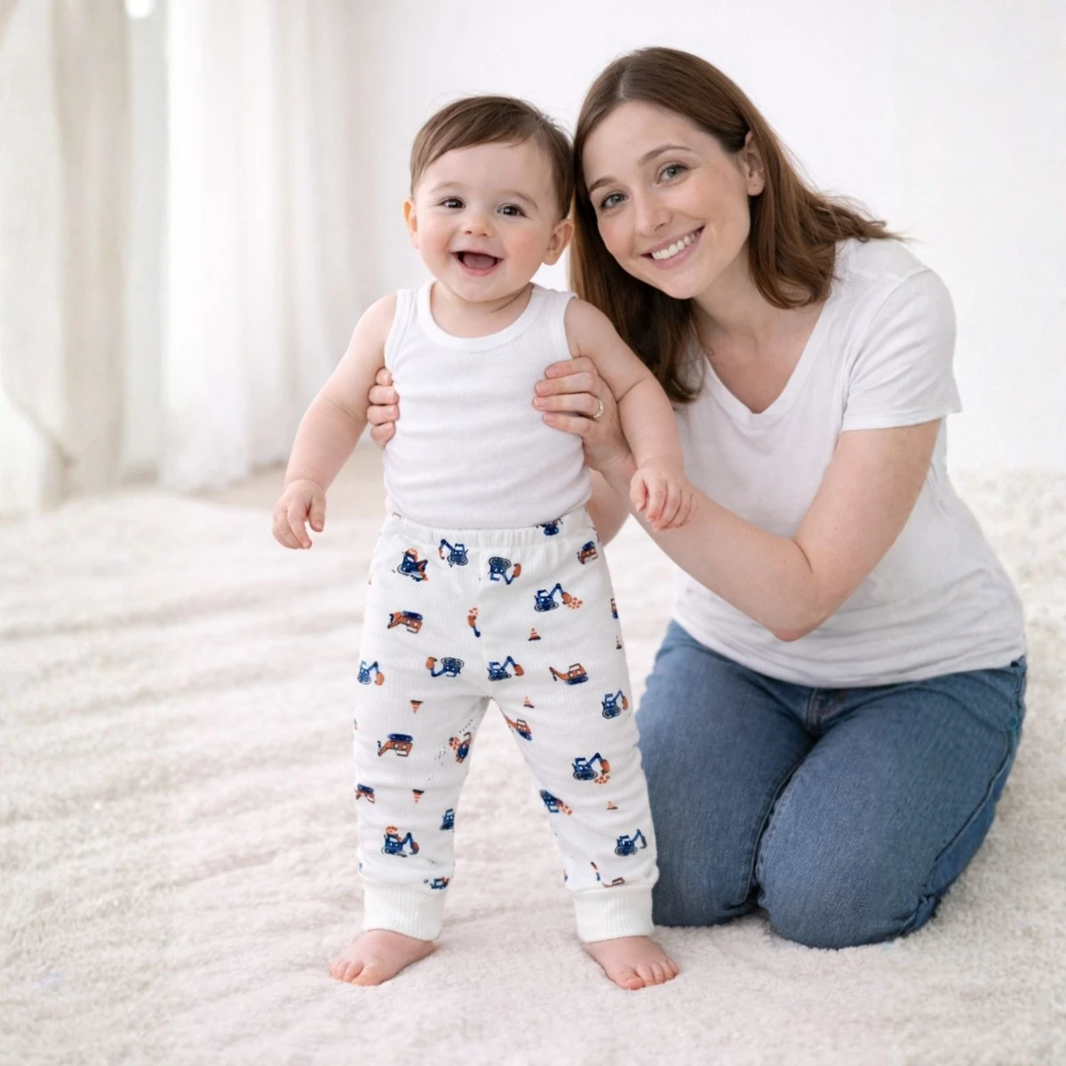 Ekskavatör Figürlü Beyaz Desenli %95 Pamuk %5 Likra Tek Alt Bebek Pantolonu